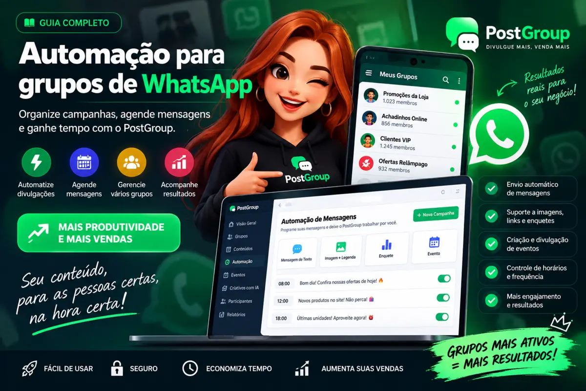 Automação para grupos de WhatsApp com campanhas, agendamento e painel do PostGroup