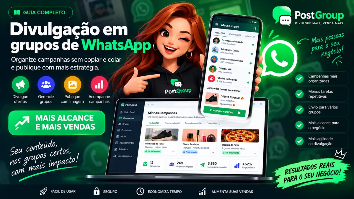 Divulgação em grupos de WhatsApp com campanhas organizadas e envio para vários grupos no PostGroup