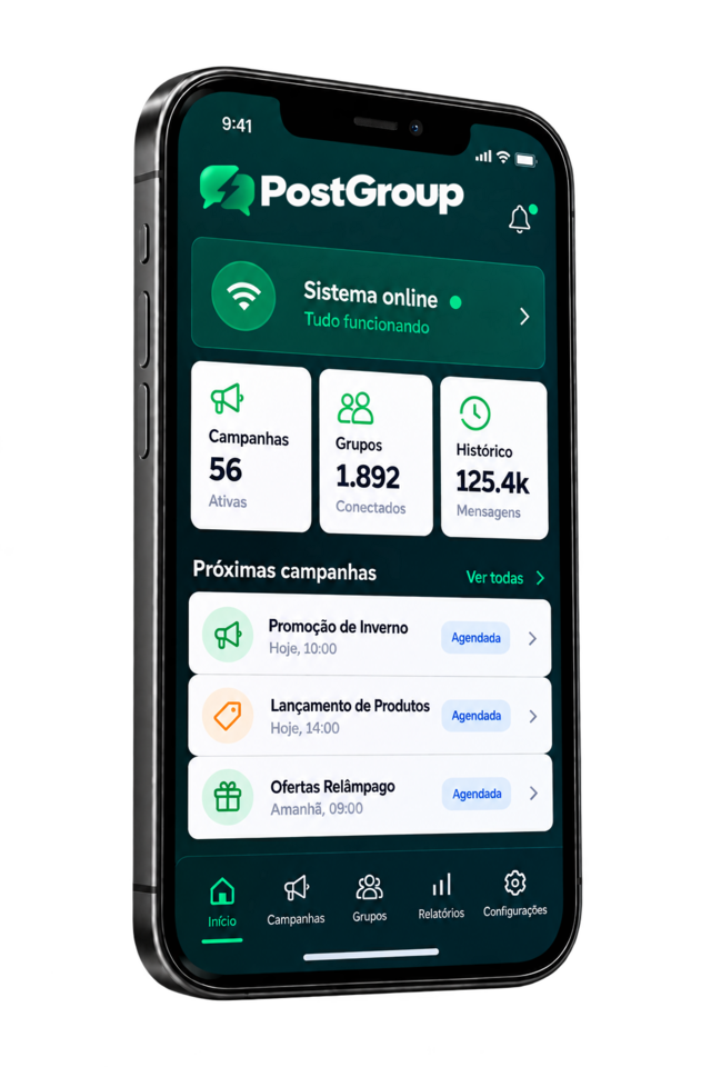 Aplicativo do PostGroup exibido em um celular com campanhas, grupos e histórico